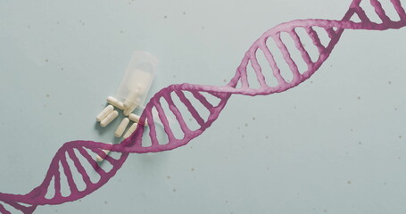 Image of dna strand spinning over pills on white background