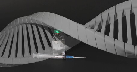 Image of dna strand spinning over vaccine and syringe on black background