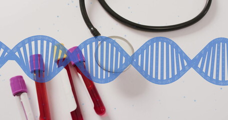 Image of dna strand spinning over test tubes with blood and stethoscope on white background