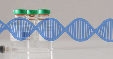 Image of dna strand spinning over vaccines and syringe on white background