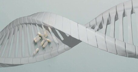 Image of dna strand spinning over pills on white background