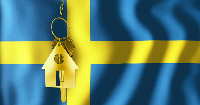 Image of golden house key over waving flag of sweden - Powered by Adobe