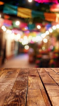Wooden table with papel picado decorations in the background, vertical