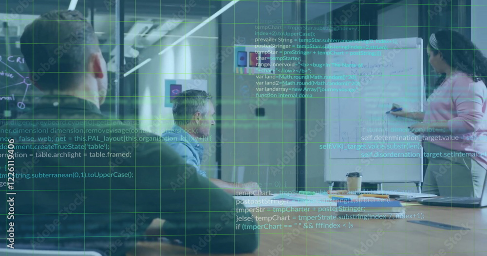 Poster image of data processing over diverse colleagues having meeting in office