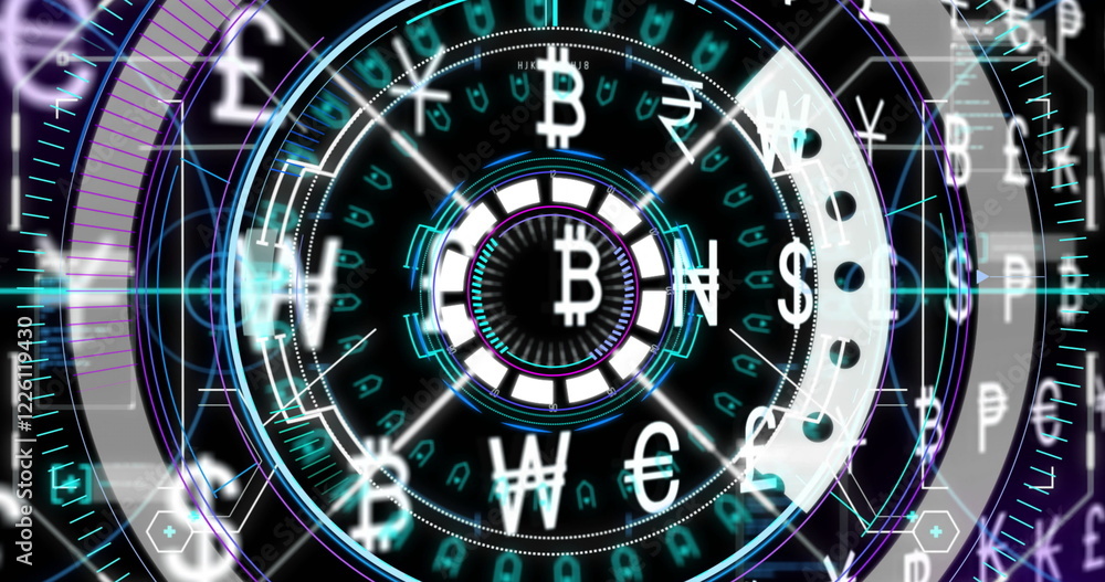 Poster image of currency symbols over scope scanning on black background