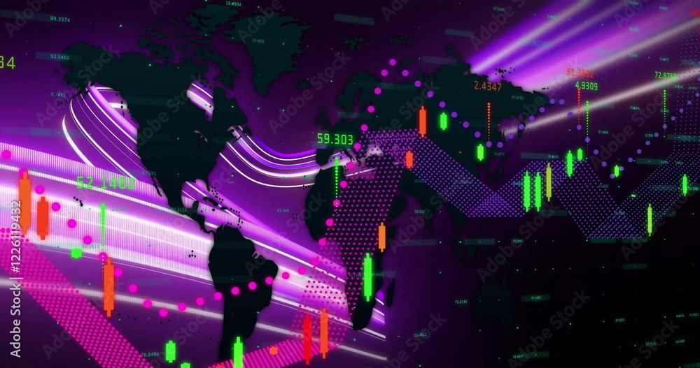 Aufkleber image of data processing and world map over light trails on purple background