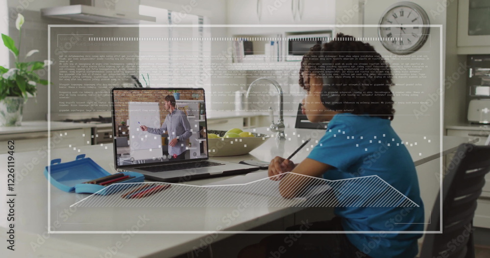 Poster image of chart and data processing over biracial boy using laptop for online lesson at home