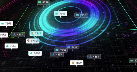 Image of social media icons with numbers over scope scanning with shapes on black background