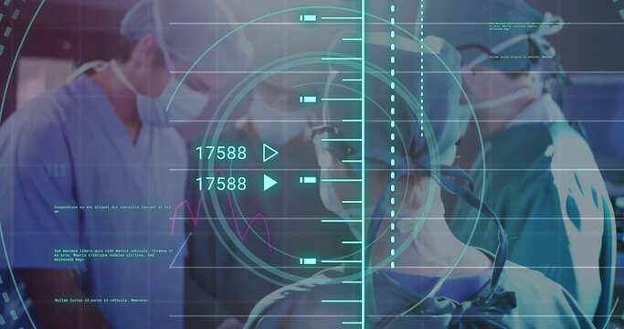 Image of circular scanner and data processing on charts over diverse surgeons operating