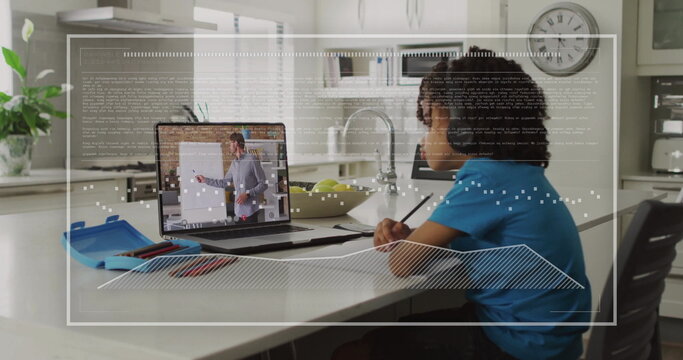 Image of chart and data processing over biracial boy using laptop for online lesson at home