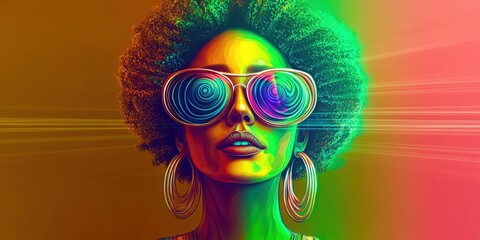 Colorful portrait of a woman with spiral sunglasses and vibrant hair