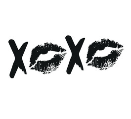 Vector hand drawn sketch doodle xoxo lettering with lips imprint isolated on white background