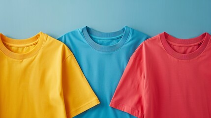Three colorful t-shirts lying on blue background, simple casual clothing banner