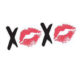 Vector hand drawn sketch doodle xoxo lettering with red lips imprint isolated on white background