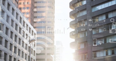 Image of financial data processing over cityscape