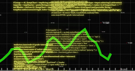 Image of green line and digital data processing over grid