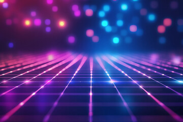 Vibrant abstract background with glowing grid lines and colorful bokeh lights, ideal for digital designs