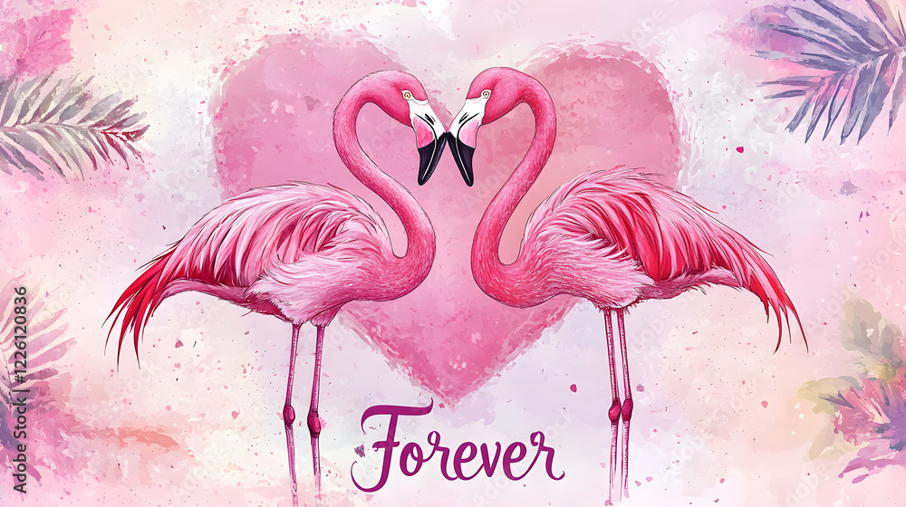 Poster a pair of flamingos standing in a heart shape with 'forever' text