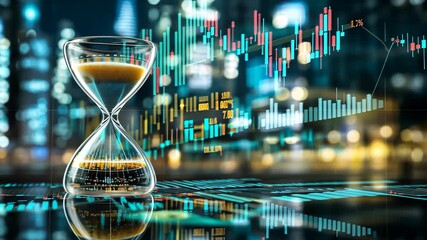 Time management and financial growth represented by hourglass and market trends in a modern urban setting - Powered by Adobe