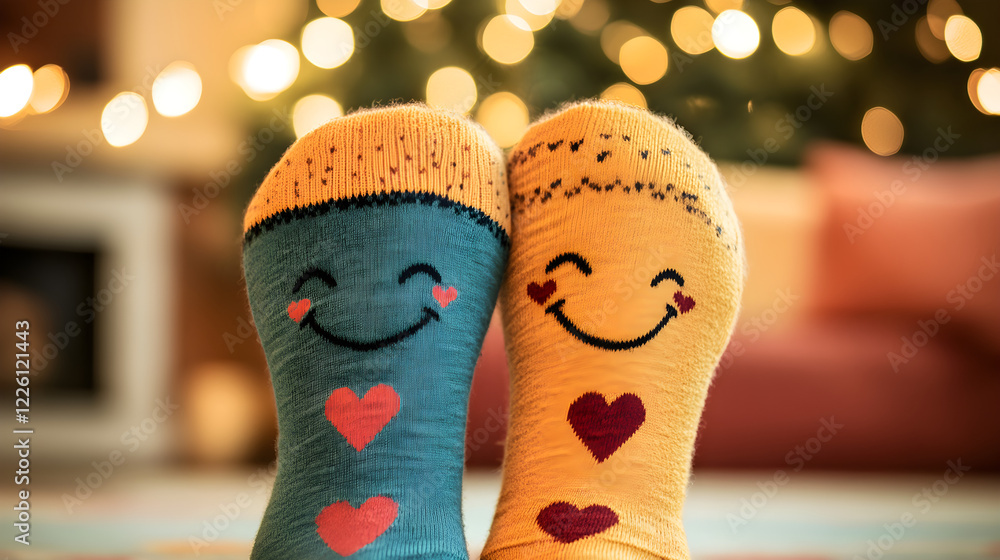 Aufkleber a pair of smiling socks with heart patterns hugging each other