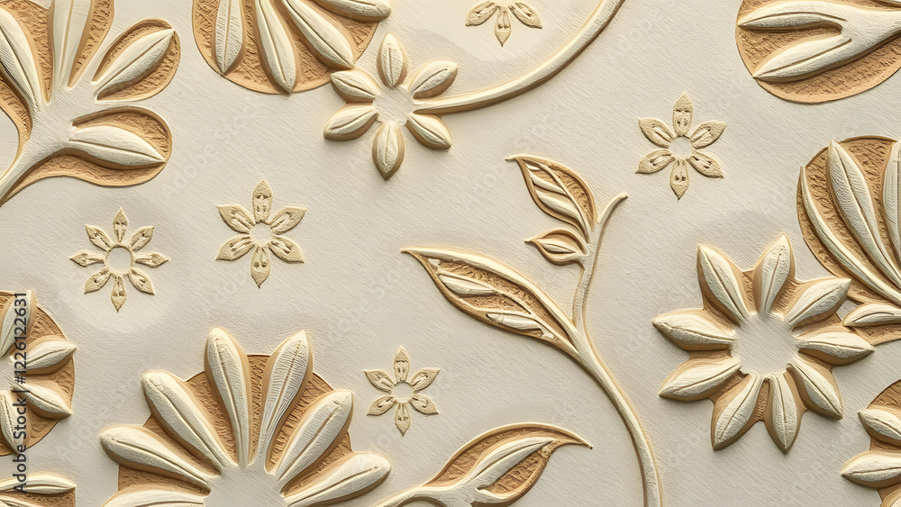 Poster embossed floral pattern with stylized flowers and leaves on a beige background, creating a subtle th