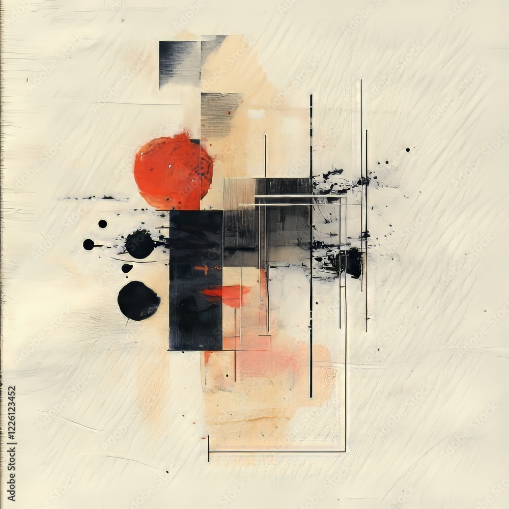 Poster a modern abstract piece featuring geometric shapes in red and black, with lines and splashes creatin