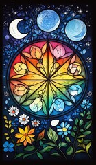 Ostara witchy cute stain glass style with happiness mood Colorful stained glass depicting nature's cycle. oracle card theme