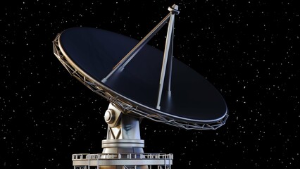 3D rendering of a parabolic satellite dish antenna, used for transmitting and receiving signals to and from satellites.