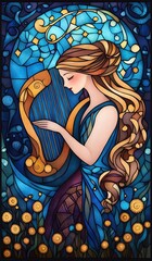 Ostara witchy cute stain glass style with happiness mood Stained glass art featuring a woman with harp. oracle card theme