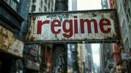 An urban street scene featuring a weathered sign with the word "regime" in bold red letters, mounted on a pole amidst a backdrop of tall city buildings.