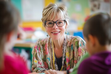 A joyful teacher wearing glasses engages warmly with children in a vibrant classroom, creating an inspiring and supportive environment filled with energy and learning.