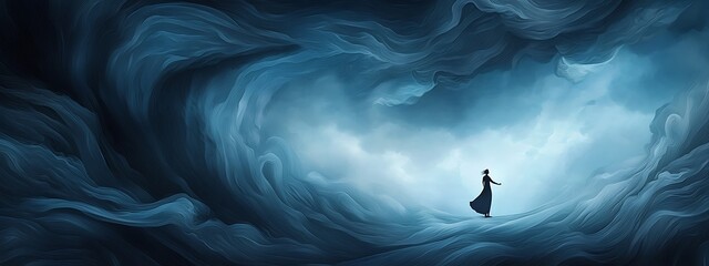 Ethereal Woman in Serene Cloudy Landscape