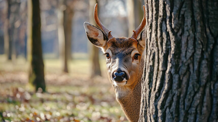 A curious deer peeking from behind a tree in a serene forest during autumn, surrounded by fallen leaves