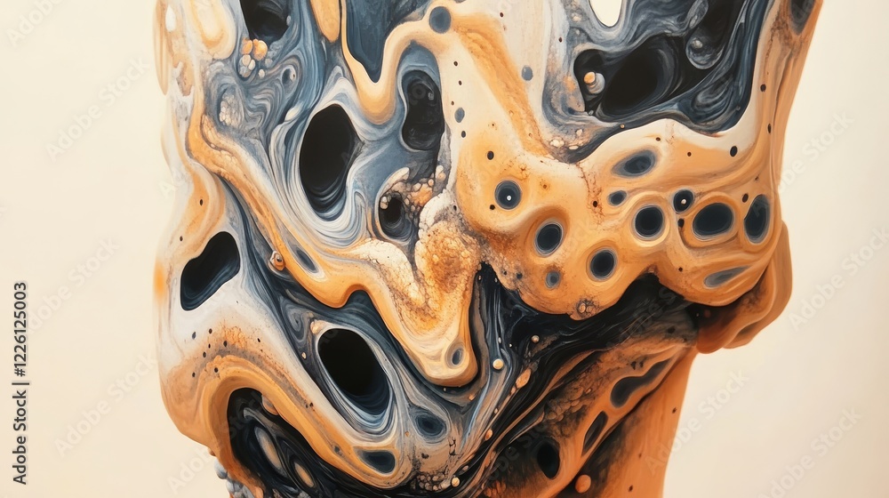 Poster a mesmerizing organic abstract piece with swirling patterns in hues of orange and blue, capturing th
