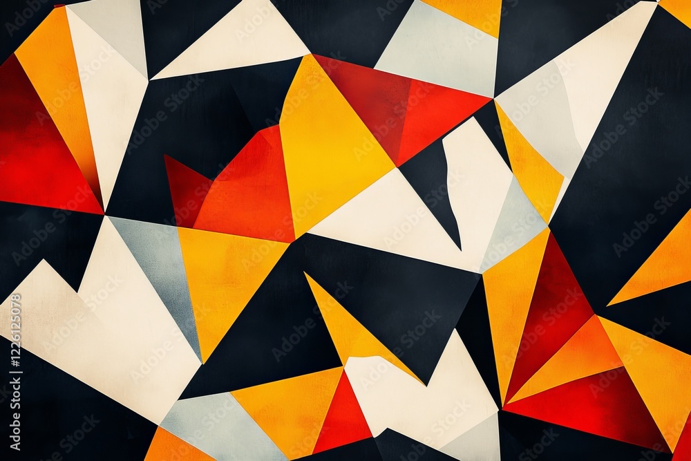 Poster dynamic abstract design featuring bold geometric triangle patterns in red, orange, and black, symbol