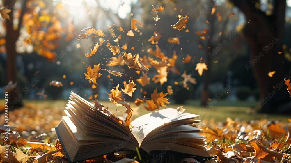 Aufkleber open book lying on grass with autumn leaves falling in a park during a sunny fall day