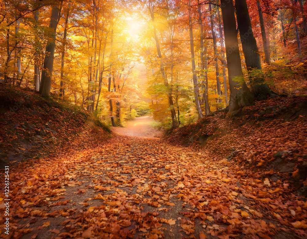 Poster a forest path covered in fallen autumn leaves with sunlight filtering through the trees. a vibrant f