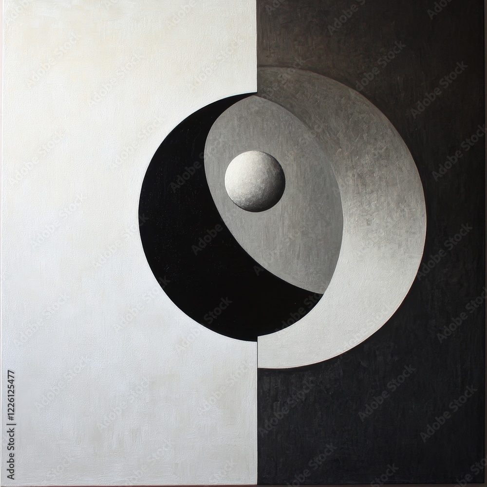 Poster a monochrome abstract artwork featuring geometric circular shapes blending seamlessly between light 