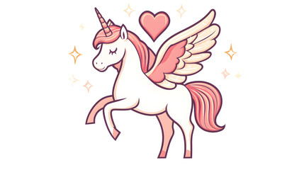 A unicorn with heart-shaped wings and sparkles around it