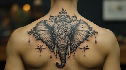 An intricate and detailed tattoo of an ornate elephant on a man’s upper back, symbolizing strength and wisdom, showcasing artistic creativity and cultural symbolism.