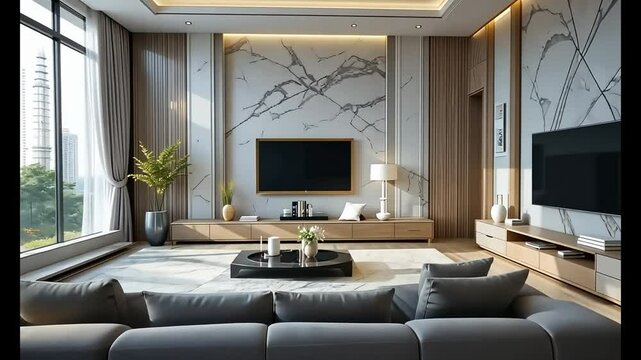 Luxurious bedroom with a large sofa and TV unit the large window. 3D render