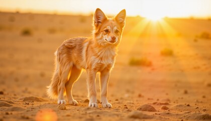 Charming golden fennec fox standing confidently in a sunlit desert landscape, embodying warmth, joy, and adventure during a serene sunset.