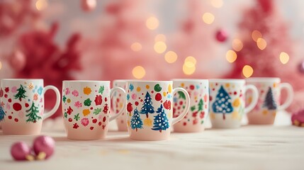 Festive hand-painted mugs on table, pink Christmas tree bokeh background, holiday gift idea
