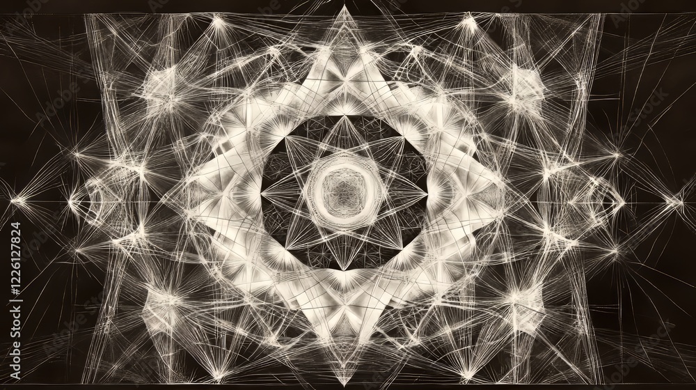 Poster complex black and white geometric pattern design that creates an intricate web of lines and shapes, 