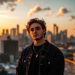 Fototapeta premium A young man poses on a rooftop with a city backdrop during sunset, capturing urban allure and introspection, creating a mood of contemplation and modern style.