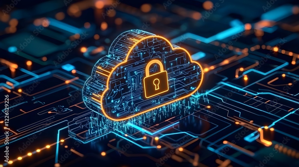 Poster High tech digital visualization of data protection featuring a glowing neon cloud and lock surrounded by detailed circuit board designs and streaming data lines