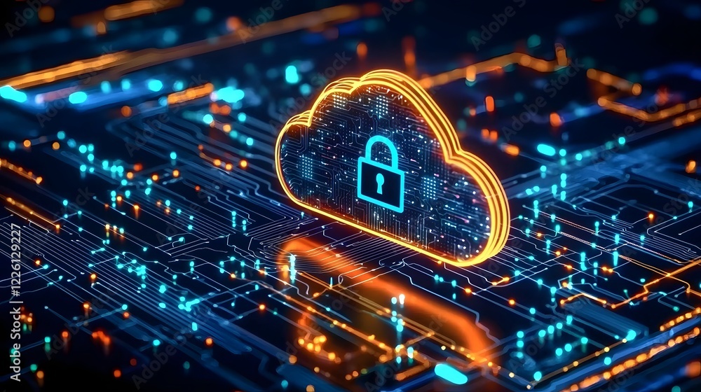 Aufkleber High Tech Digital Visualization of Data Protection with Glowing Neon Cloud and Lock Surrounded by Detailed Circuit Board Designs and Streaming Data Lines in Bright Orange and Blue Tones on a