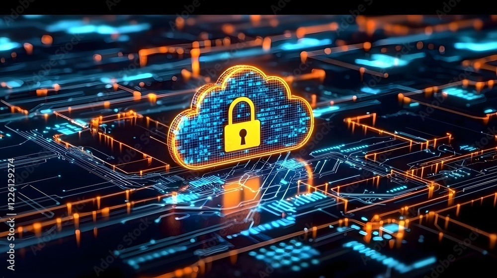 Poster Vibrant Luminous Cloud Padlock Icon Highlighting a Modern Representation of Cybersecurity and Digital Technology with Intricate Circuits Data Effects and a Sleek Dark Backdrop