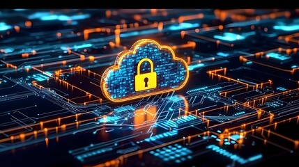 Vibrant Luminous Cloud Padlock Icon Highlighting a Modern Representation of Cybersecurity and Digital Technology with Intricate Circuits Data Effects and a Sleek Dark Backdrop