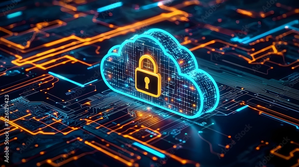 Poster Glowing Futuristic Cloud Security Concept with Padlock Icon and Vivid Circuit Board Patterns A high tech digital image depicting a secure cloud icon with a glowing padlock